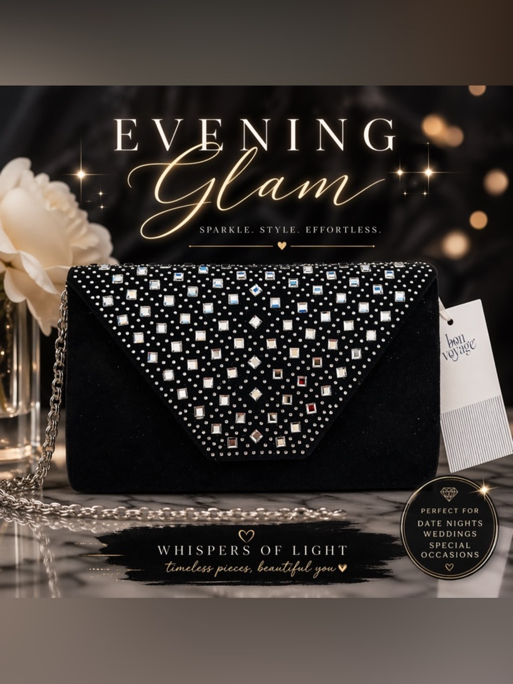 Bon Voyage Black Rhinestone Envelope Clutch Chain Bag Evening Glam